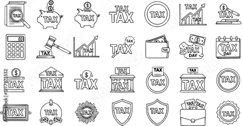 Hand-drawn doodle tax icons set. Collection of financial, legal, and accounting symbols like piggy bank, calculator, gavel, graph, wallet, calendar, shield, and documents.