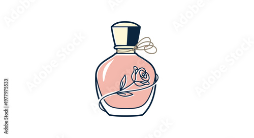 Minimalist illustration of a pink perfume bottle with a rose design