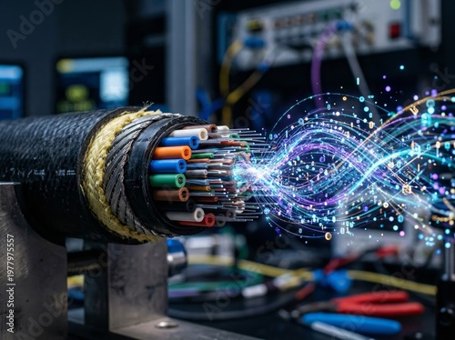 Close Up of Fiber Optics Transmitting Digital Information