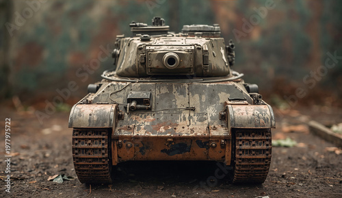 A small, vintage military tank with weathered paint stands on muddy ground. The background is blurred, creating a somber, nostalgic atmosphere.