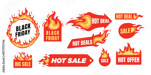 Hot Sale and Black Friday Fire Labels Set – Flaming Discount Badges, Hot Deal Tags and Promotional Sale Graphics.
