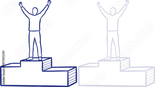 Winner standing on podium with arms raised blue line art illustration isolated on white