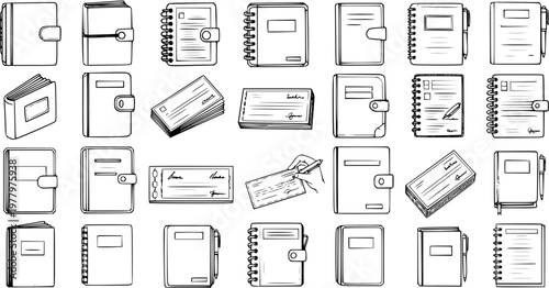 Hand-drawn sketch icons of various books, notebooks, planners, diaries, checkbooks, and financial documents, in an outline art style, isolated on white.