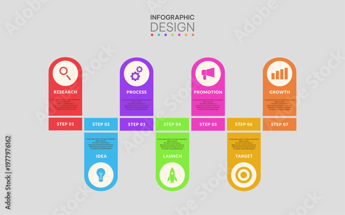 7 Steps Vertical Timeline Infographic with Colorful Tabs and Flat Icons