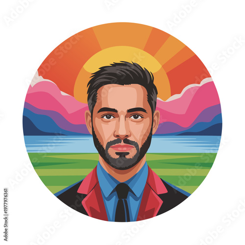 Illustrated portrait of a bearded man in red jacket against colorful s