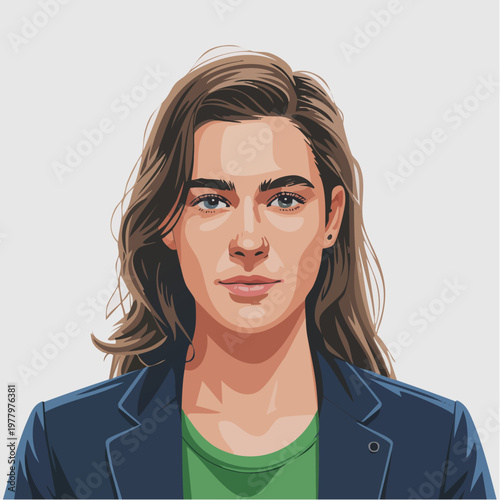 Digital illustration of a young woman with brown hair and blue blazer