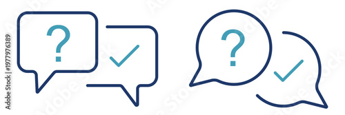 Chat bubble question and answer icons vector, speech bubbles with question mark and check mark symbols, customer support and FAQ concept, minimal outline design for UI and communication