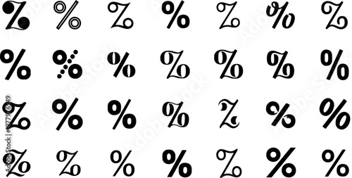 Collection of diverse percentage symbols. Set of varied  signs in different fonts and styles for design, math, business, and discount concepts.