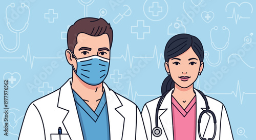 Medical professionals, doctors, healthcare workers, vector illustration, white coats, masks, stethoscopes