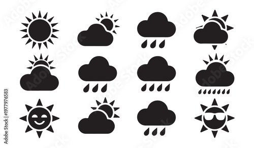 Funny and standard weather icons for forecast conditions isolated on white vector.