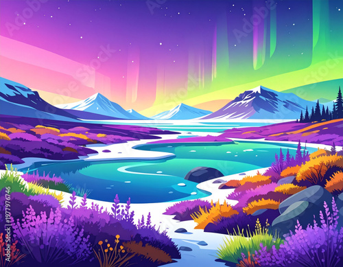 Tundra awakening lichen carpets unfurling colorful spore banners linking permafrost melt pools to migratory bird return formations, subtle aurora glow lighting, awakening lavender violets, carpet bann