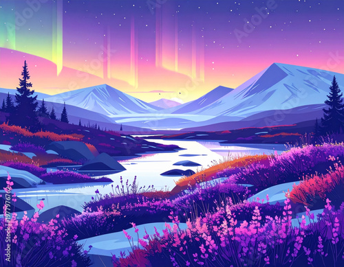 Tundra awakening lichen carpets unfurling colorful spore banners linking permafrost melt pools to migratory bird return formations, subtle aurora glow lighting, awakening lavender violets, carpet bann