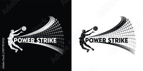 Dynamic vector illustration of a volleyball player in action performing a powerful serve over a stylized net, emphasizing strength and competitive spirit for sports branding.