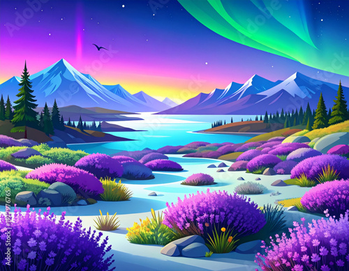 Tundra awakening lichen carpets unfurling colorful spore banners linking permafrost melt pools to migratory bird return formations, subtle aurora glow lighting, awakening lavender violets, carpet bann