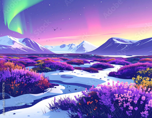 Tundra awakening lichen carpets unfurling colorful spore banners linking permafrost melt pools to migratory bird return formations, subtle aurora glow lighting, awakening lavender violets, carpet bann