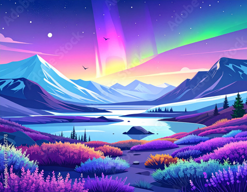 Tundra awakening lichen carpets unfurling colorful spore banners linking permafrost melt pools to migratory bird return formations, subtle aurora glow lighting, awakening lavender violets, carpet bann