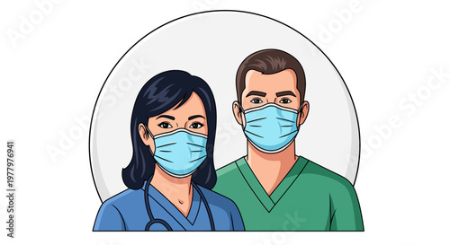 Medical professionals, doctors, nurses, wearing face masks, healthcare workers, vector icons