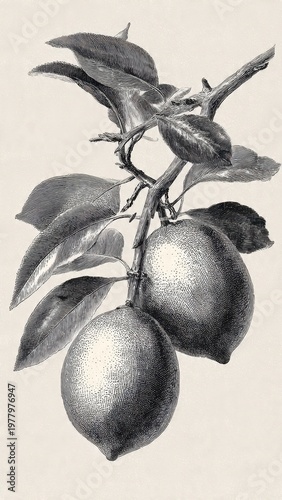 Vintage Black And White Illustration Of Lemons On A Branch With Textured Paper Background