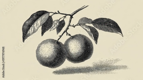 Vintage Sketch of Two Oranges on a Twig With Leaves and Cast Shadow