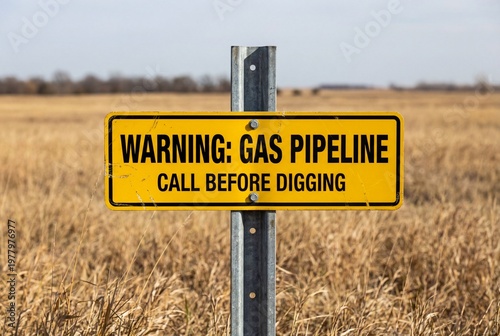 Yellow warning sign for a gas pipeline in a rural field