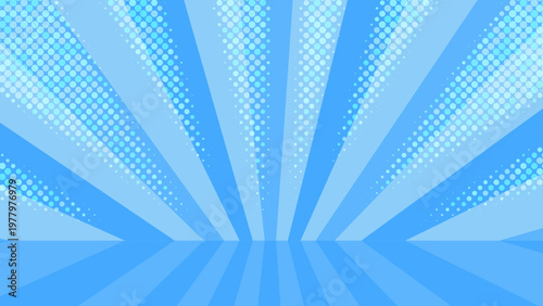 ブルーのレトロなステージ風の日の出放射、照明背景