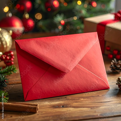 A red envelope on a wooden table amidst Christmas decorations