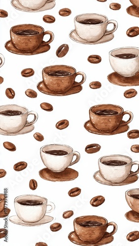 Warm Brown Coffee Cups and Beans Pattern White Background Gentle Morning Brew