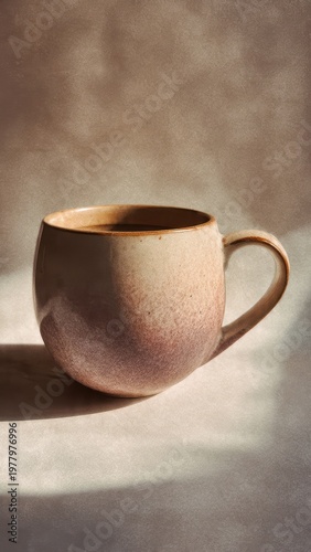 Warm Ceramic Mug Filled With Coffee In Soft Sunlight With Glittering Particles