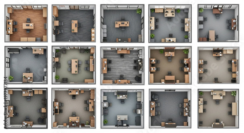 Collection of modern office spaces viewed from above.