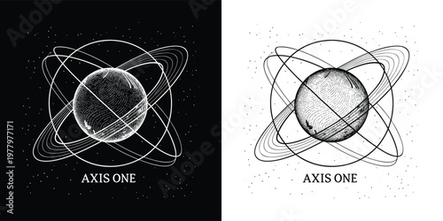 Engraved illustration of a rotating planet encircled by multiple orbital rings featuring the bold text caption axis one below it