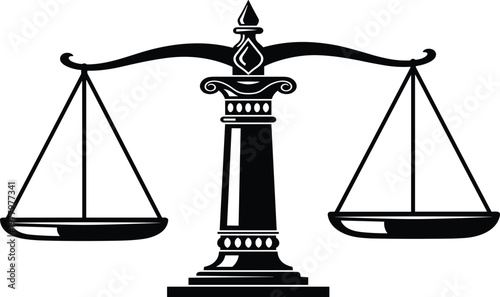 Balanced scale silhouette, justice symbol, law icon, fairness equality design, impartiality concept, legal illustration, ethical decision, courtroom artwork