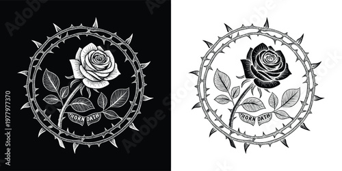 Hand drawn vintage style rose flower with leaves inside a thorny wreath circle illustration, presented in both black and white versions.
