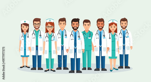 Medical professionals, doctors, nurses, healthcare workers, vector illustration, flat design, colorful, diverse team, white coats, scrubs, medical staff, hospital crew