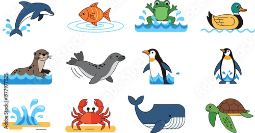 Marine Animal Vector Set with Dolphin Fish Frog Duck Seal Penguin Crab Whale Turtle Isolated on White Background