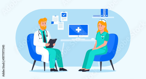 Medical consultation, doctor patient, healthcare professionals, vector illustration, blue and green, modern flat design, 2D graphics, medical office, clinic, hospital, healthcare setting