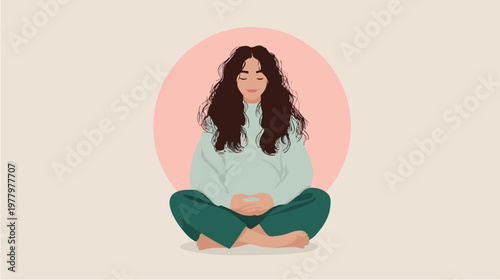 Meditating woman seated cross legged with calm expression.