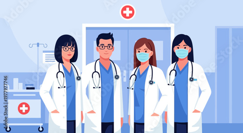 Medical professionals, doctors, nurses, hospital staff, healthcare team, vector illustration, blue scrubs, white coats, masks, stethoscopes, medical icons, health care workers