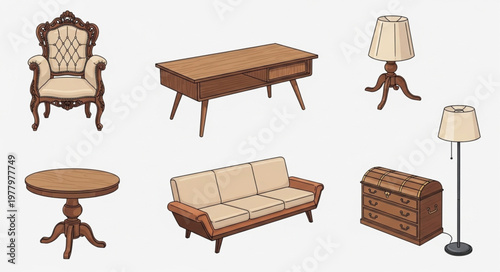 Collection of antique wooden furniture pieces displayed together.