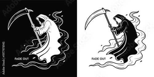 Powerful monochrome vector art portraying the grim reaper, cloaked in a flowing robe and wielding a scythe, emerging from swirling mist.