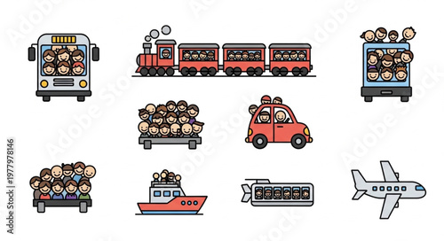 Collection of cartoon vehicles filled with people.