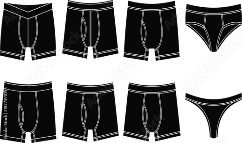 Underwear silhouette collection, boxer briefs, thong style, seam detail illustration, fashion design, clothing concept, men’s and women’s lingerie