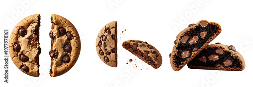 A delicious chocolate chip cookie cut into pieces on a transparent background