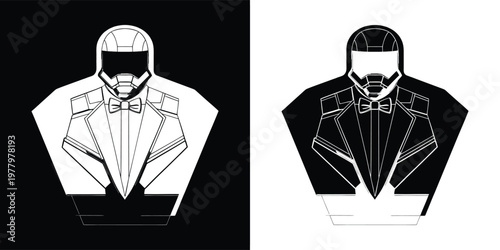 Stylized graphic illustration showing a futuristic astronaut character wearing a formal tuxedo and bowtie against a bold contrast backdrop