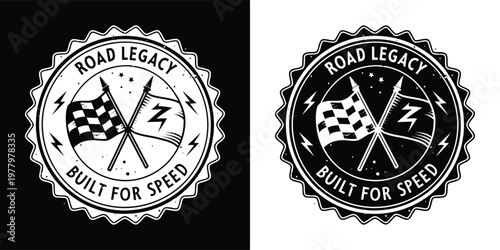 Vintage racing emblem with crossed checkered and lightning flags, stars, and bold text 'Road Legacy Built For Speed' in a circular design.