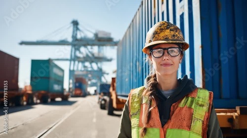 Working in Port: A dedicated female worker, donned in safety gear, stands confidently amidst a bustling port, surrounded by shipping containers and machinery. 