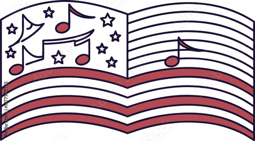 Red white and blue patriotic badge with musical notes and stars