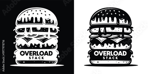 Stylized black and white illustration of a delicious cheeseburger featuring melting cheese layers and bold typography for food branding