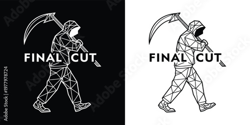 A compelling geometric illustration of a hooded reaper figure carrying a scythe, symbolizing the decisive concept of a final cut in a minimalist style.