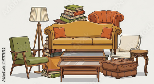 Collection of vintage furniture and home decor items.