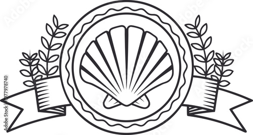 Black and white of saint james shell badge with wheat stalks